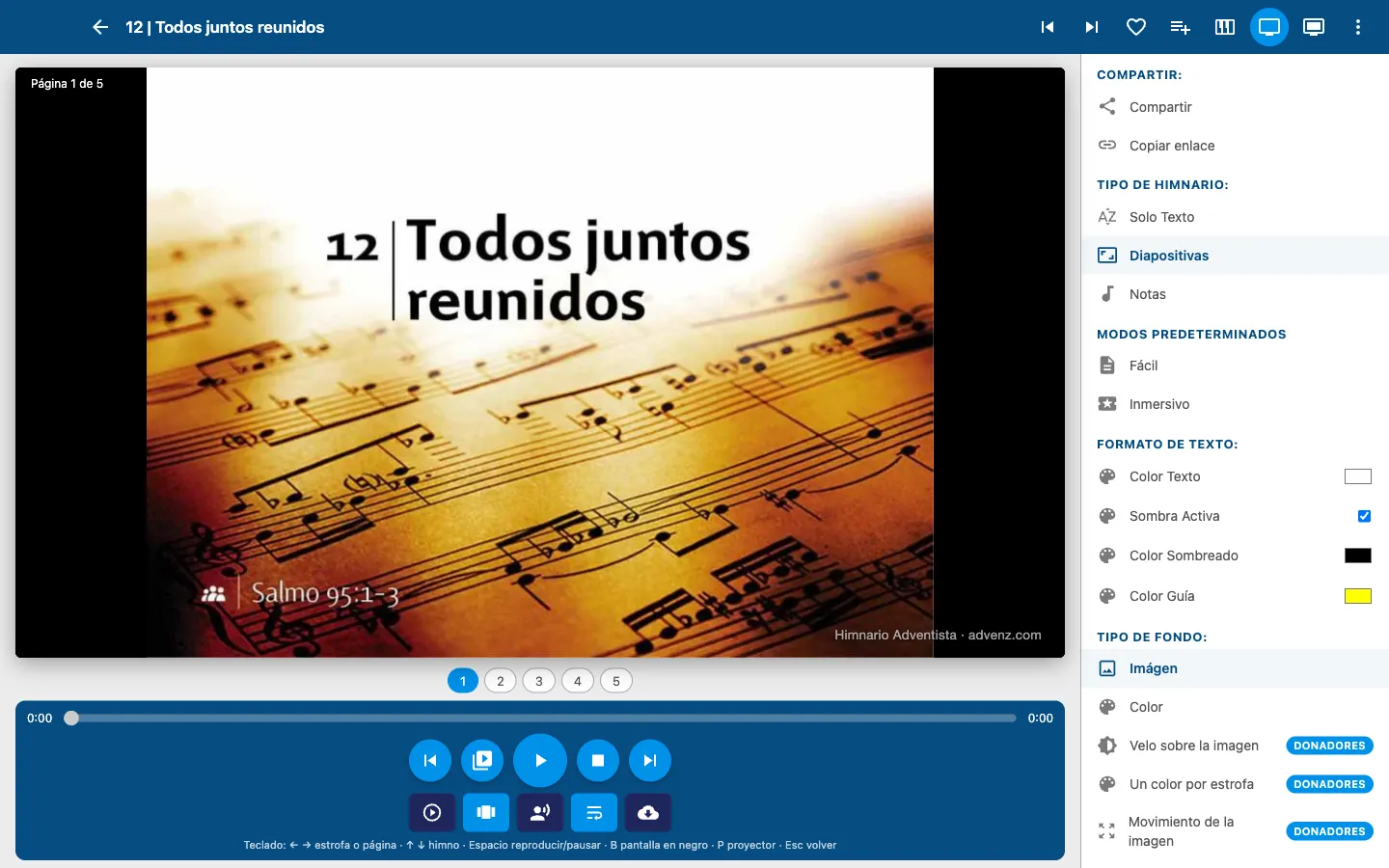 El himno 12 como diapositiva, con el menú de opciones a la derecha y los controles del audio debajo.