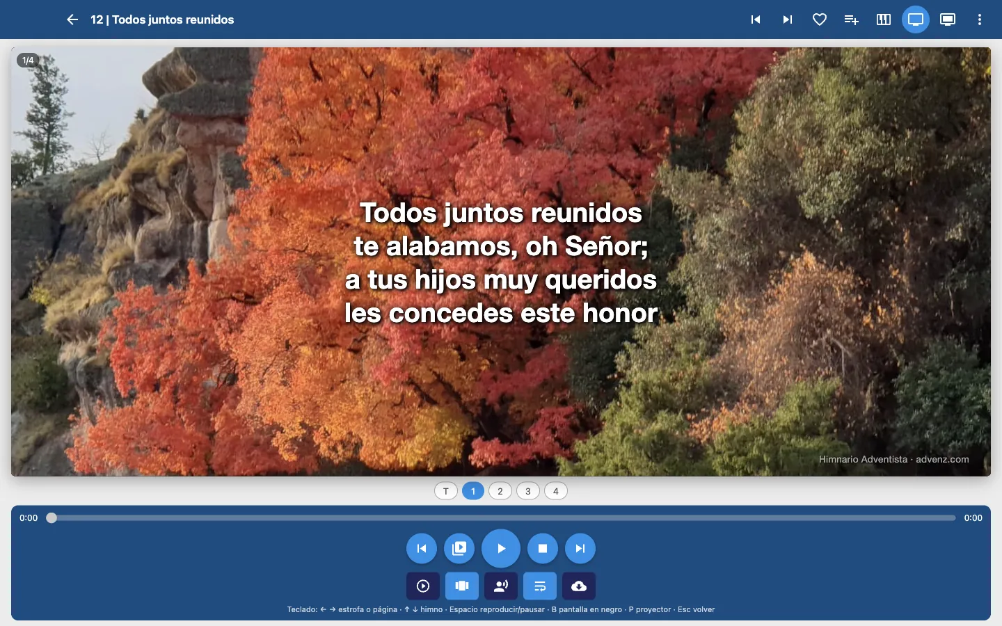 La app del Himnario Adventista en una Mac: el himno 12 con el audio y los controles.