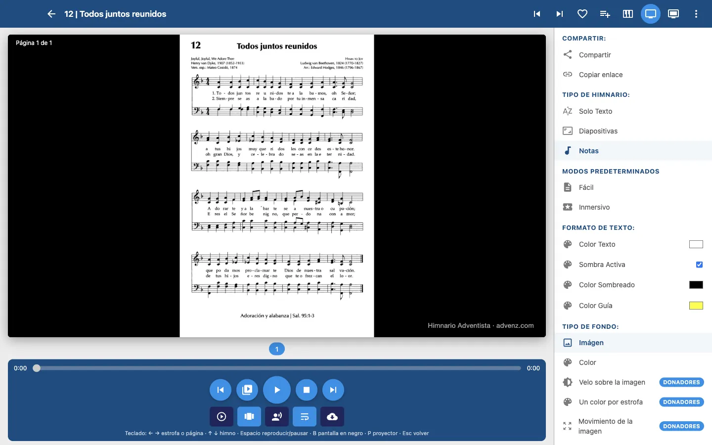 La partitura del himno 12 en la app, con el menú de opciones a la derecha.